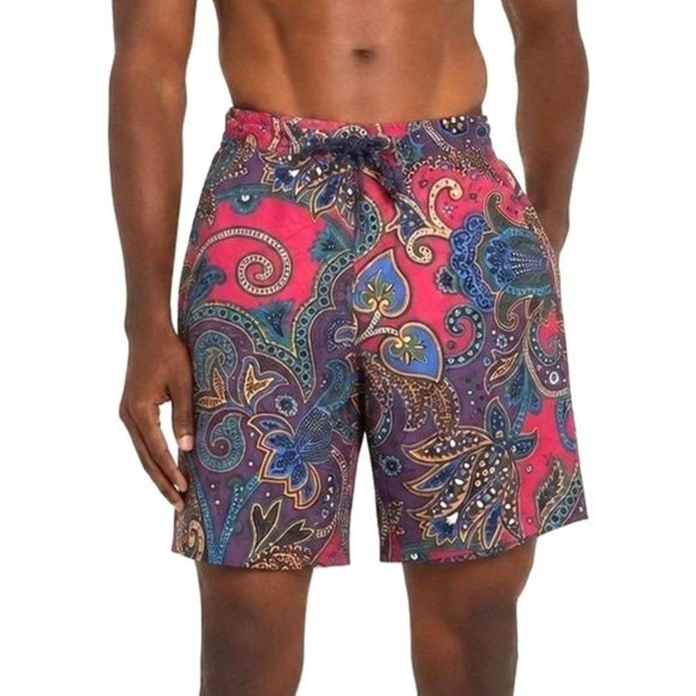 Vtg Y2K Etro Paisley Floral Swim Short Trunks Men S Red Purple 9in Made in Italy